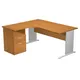 Pack Bureau d'angle compact retour à gauche Pronto Bois - L.160 x P.100 cm - Plateau Aulne - Pieds Aluminium + Caisson hauteur bureau L.43 x P.60 cm