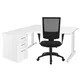 Pack Poste de travail complet Actual : Bureau compact retour à gauche L.160 x P.120 cm Blanc + Caisson hauteur bureau blanc + Siège Noir