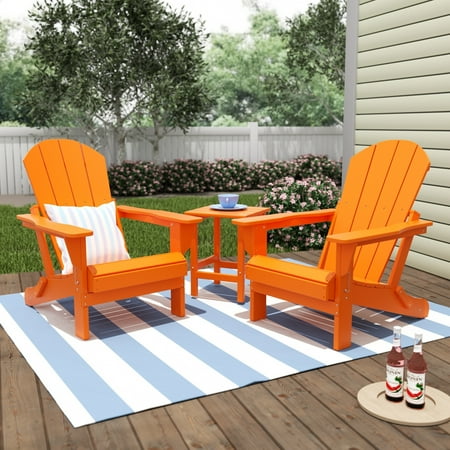 Polytrends Laguna Hdpe All Weather Outdoor Patio Foldable Adirondack Chairs With Side Table (3-Piece Set) Orange
