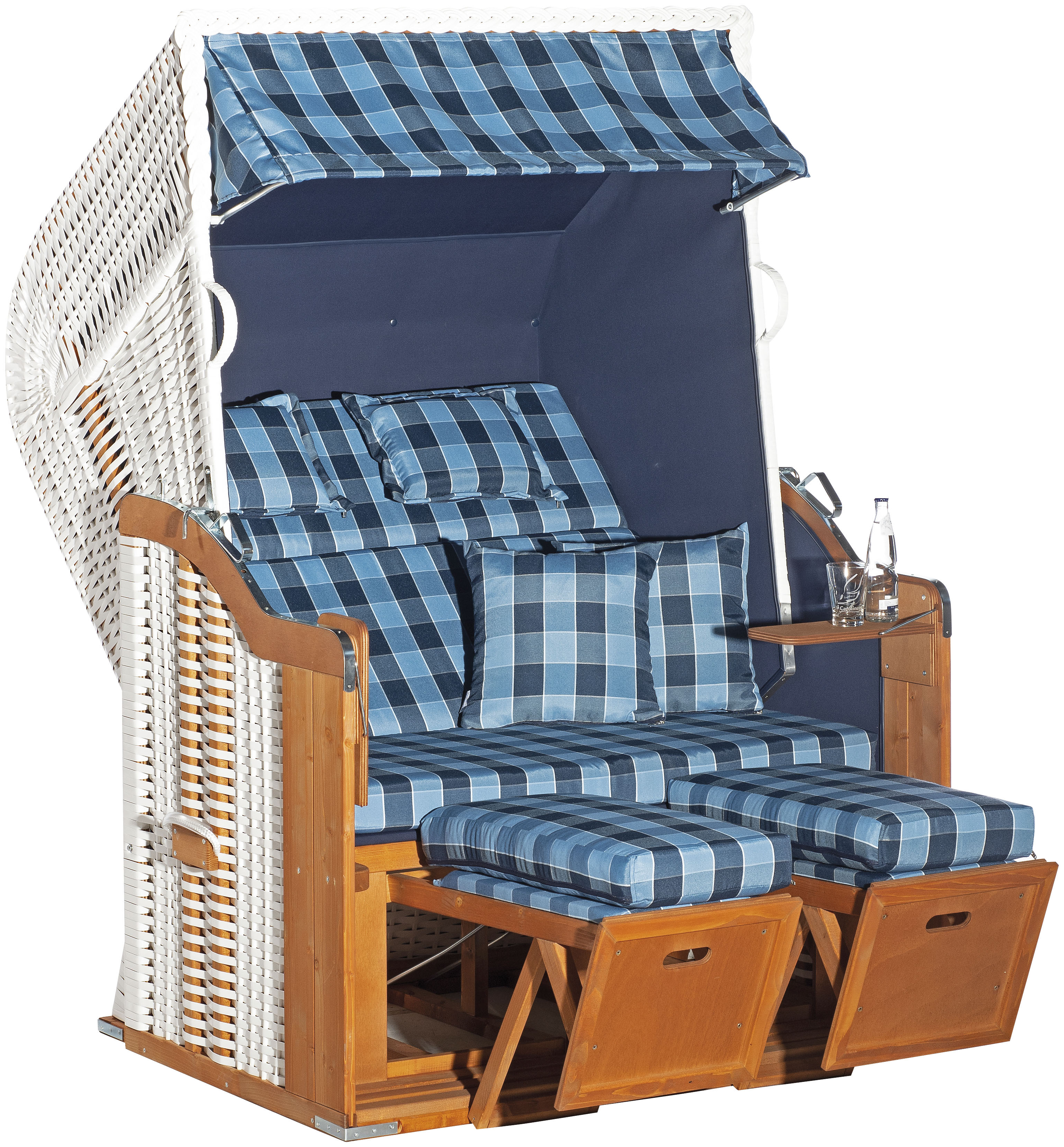 Strandkorb SUNNYSMART "Rustikal 255 Plus", weiß (korpus: natur, weiß bezug: blau, töne, uni blau), B:125cm H:160cm T:90cm, Strandkörbe, Strandkorb, 2-Sitzer, komplett montiert, Oberkorb in einem Stück geflochten