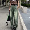 BIYABY-Jean Vert Dégradé pour Femme Pantalon Vintage Américain Denim Délavé Jambes Larges