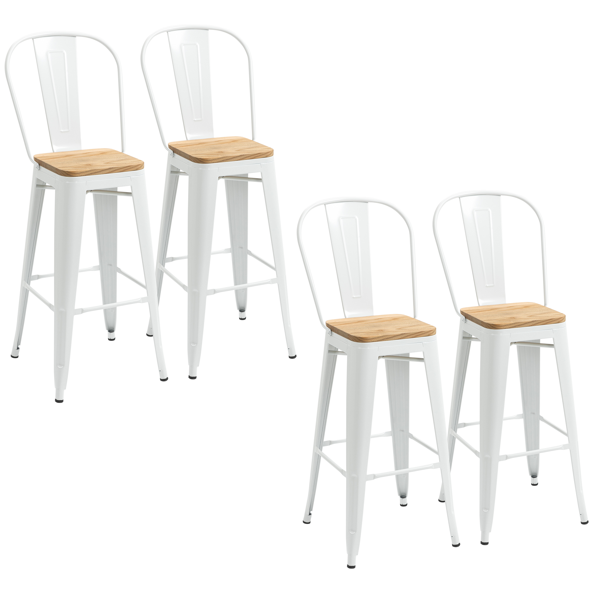 Lot de 4 tabourets de bar industriel acier blanc bois d'orme