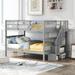 Gray Full-Over-Full Bunk Bed with Storage Stairway, Stairway Bunk Bed with Storage and Guard Rail for Bedroom