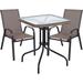 BTEXPERT Indoor Outdoor 28" Square Tempered Glass Metal Table Brown Rattan Trim + 2 Brown Restaurant Flexible Sling Stack Chairs