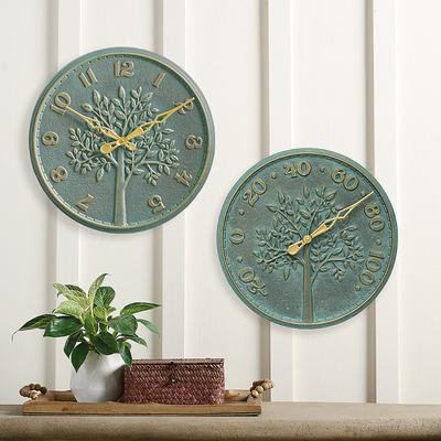 Woodland Tree Outdoor Wall Clock & Thermometer - Thermometer, Verdigris/Thermometer - Grandin Road