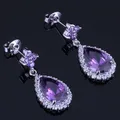 Boucles d'oreilles en forme de goutte d'eau en zircon violet cubique blanc CZ plaqué argent