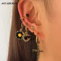 Boucles d'oreilles créoles en cristal noir Y2K pour femmes croix coeur papillon géométrique