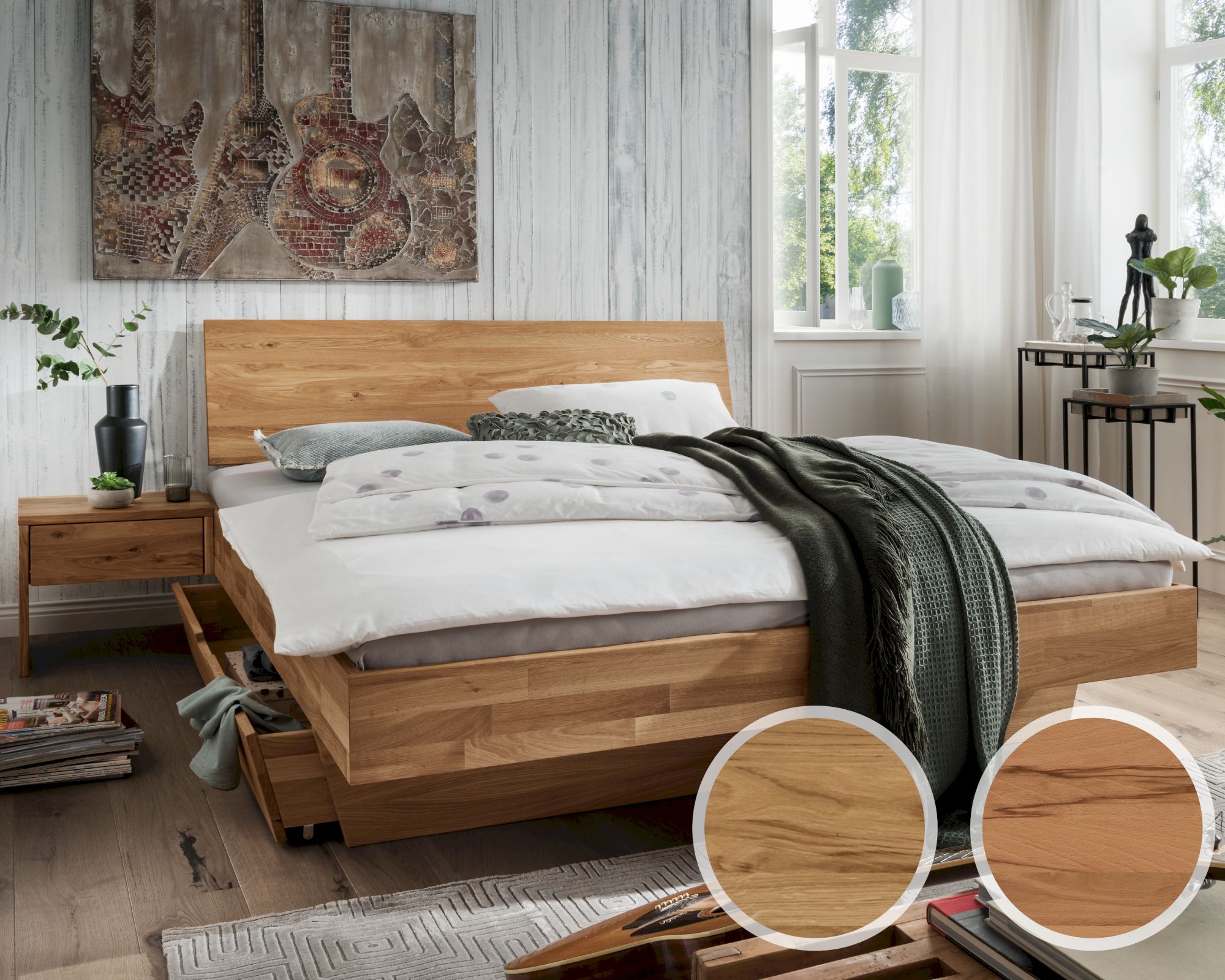 Forestales »Astoria« Massivholzbett IV 180x200 cm / Wildeiche / Kopfteil Baumkante / mit Bett-Schublade Image