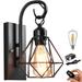 Kiven 1-Light Battery Operated Iron Wall Lamp Vintage Black Rechargeable Wall Sconces E26 Socket Bulb Included(Warm White)Wire Cage Wall Light Fixture