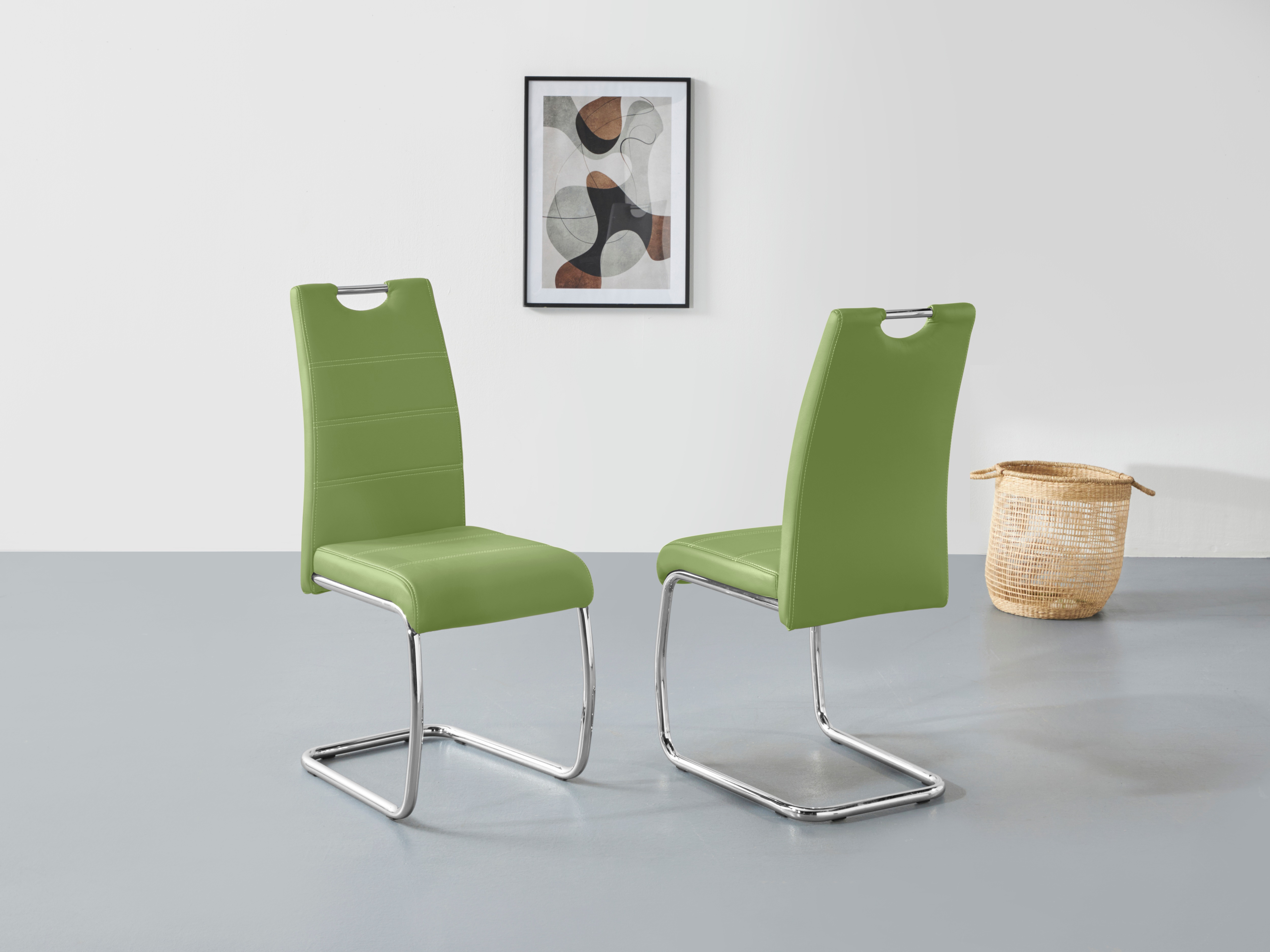 Freischwinger HELA "Flora, Esszimmerstühle", grün (grün, chrom), B:43cm H:98cm T:59cm, 97% Polyurethan;3% Baumwolle, Stühle, Freischwinger, Schwingstuhl Set: 1,2 oder 4 Stück, hoher Sitzkomfort