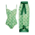 Lanswe-Maillot de bain une pièce pour femmes vert vintage imprimé éventail zones ochromy