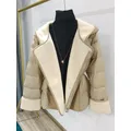 FTLZZ-Veste à Capuche en Faux Cuir d'Agneau pour Femme Manteau en Duvet de Canard Blanc Patchwork