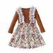 Efsteb Infant Toddler Baby Girls Casual Crochet Lace Trim Round Neck Ribbed Floral Print Sleeve Splicing Dress Kids Girls Long Sleeve Princess Dress Brown 5-6 Years