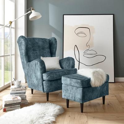 Ohrensessel ED EXCITING DESIGN "Oskar", blau (smokeblau), B:78cm H:102cm T:98cm, 100% Polyester, Sessel, mit Massivholzfüßen Image