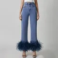 Pantalon évasé mince taille moyenne pour dames jean en plumes coutures fines régulier élégant