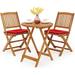 3 PCS Patio Folding Bistro Set Outdoor Acacia Wood Chair and Table Set w/Padded Cushion& Round Coffee Table Ideal for Indoor Patio Poolside Garden (Red)