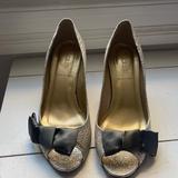 J. Crew Shoes | J. Crew Satin Tuxedo Bow Metallic Leather Heels Platinum Gold Size 8 1/2 | Color: Gold | Size: 8.5