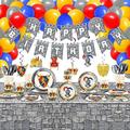 142 Pcs Medieval Party Decorations Knight Castle Birthday Party Supplies Includes Medieval Banner Stone Wall Tablecloths Medieval Whirls Hanging Decorations Balloons Plates Cups Cutlery Tableware Kit