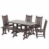 WestinTrends Malibu 6 Piece Outdoor Dining Set with Bench All Weather Poly Lumber Patio Table and Chairs Set 71 Trestle Dining Table with Umbrella Hole 5 Patio Chairs with Bench Dark Brown