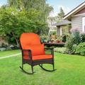 GoDecor Patio Rattan Wicker Rocking Chair Porch Deck Rocker Outdoor Furniture w/ Orange Cushion Brown Wicker