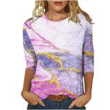 ZQGJB Casual Marble Printing T-Shirts for Women Clearance Summer Three Quarter Sleeve Crewneck Tees Lightweight Pullover Tunic Tops for Leggings Pink XXL