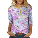 ZQGJB Casual Marble Printing T-Shirts for Women Clearance Summer Three Quarter Sleeve Crewneck Tees Lightweight Pullover Tunic Tops for Leggings Purple S