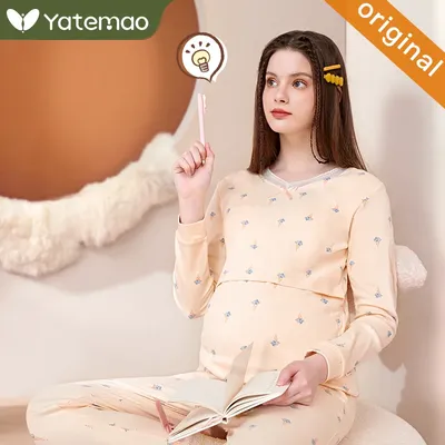 YATEMAO-Ensemble de pyjama en coton pour femme enceinte vêtements d'allaitement chemise de nuit
