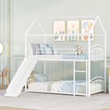 White Twin over Twin Metal Bunk Bed Kids House Bed with Slide, 77.5''L*41.4''W*84.3''H, 109LBS