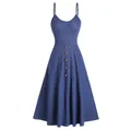 Robe Midi en Denim tricotée sans manches pour femmes couleur unie faux boutons taille haute