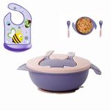 LNGOOR Pink Baby Suction Plates Bowl 2 Spoon Set Nonslip Spill Proof BPA-Free Feeding Baby Bowl with Lid Self Feeding Training Storage Plate Cutlery Travel Set with Purple Baby Bib