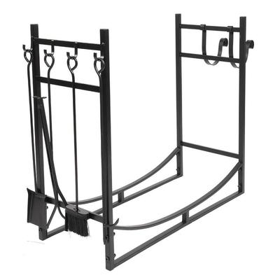 Black Metal Firewood Holder Log Rack with Poker Shovel Tongs and Broom - 36.22 x 29.92 x 12.99 Inches (L x W x H)