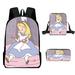 Alice in Wondenland Book Bag Charming Casual Art Print Middle Girls Kids Book Bag with Pencil Case 3PCS for Kids Boys Girls for Dating and Travel
