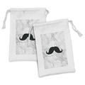 Manly Fabric Pouch Set of 2 Simplistic Retro Mustache on Realistic Grunge Marble Look Backdrop Small Drawstring Bag for Toiletries Masks and Favors 9 x 6 Grey Black White by Ambesonne