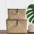 2pcs Seaweed Handwoven Cube Storage Basket Seagrass Woven Makeup Organizer Container with Lid