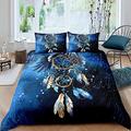 Michorinee Dream Catcher King Size Duvet Cover Set Blue Feathers Print Bohemian Style Bedding Set Hypoallergenic Microfiber Quilt Cover with Pillowcases