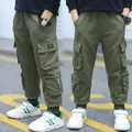 Jeans cargo à grande poche pour garçon pantalon vert armée pour adolescent taille élastique pour