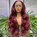Perruque Lace Front Synthétique Longue et Ondulée pour Femme Rouge Vin Ligne de Cheveux Naturelle