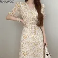 Robe Longue à Manches Courtes pour Femme Vêtement Chic Coréen Design Japonais Élégant Imprimé