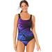 Plus Size Women's Chlorine Resistant Square Neck Tank One Piece Swimsuit by Swimsuits For All in Purple Palm (Size 14)