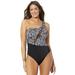 Plus Size Women's One Shoulder Mesh One Piece Swimsuit by Swimsuits For All in Black White Dot (Size 12)