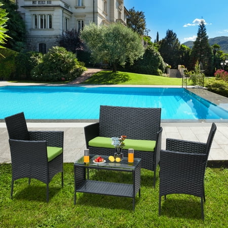 SYNGAR 4 Piece Sectional Sofa Set Patio Rattan Furniture Set with Coffee Table Cushioned Conversation Set Outdoor All Weather PE Wicker Chairs Set for Poolside Backyard Balcony Green D6728