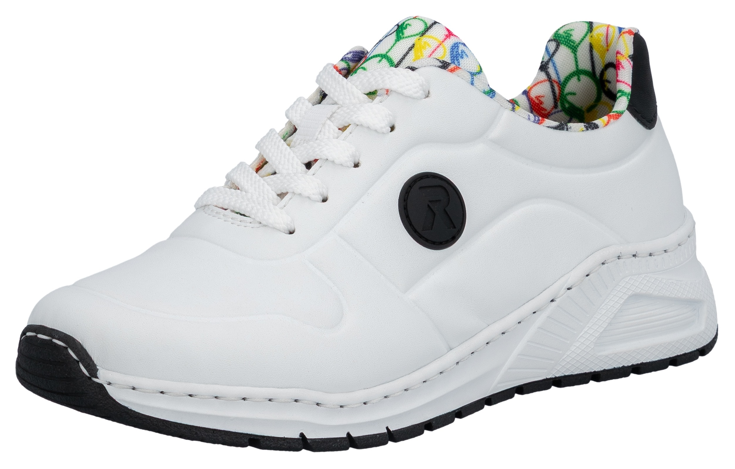 Sneaker RIEKER, Damen, Gr. 37, weiß (weiß, schwarz), Lederimitat, unifarben mit Farbeinsatz, Schuhe Sneaker, mit MemoSoft-Innensohle, Freizeitschuh, Halbschuh, Schnürschuh