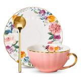 NIERBO 8 Oz Royal Ceramic Floral Lined Teacup w/ Gold Trim & Spoon Ceramic in Pink | 2.3 H x 4 W in | Wayfair CS25PG