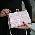 JOVintage-Sacs à main à carreaux à paillettes roses pour femmes sac de créateur de luxe perle