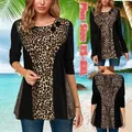 2022 Women Long Sleeve Leopard Print T-shirt Female Loose Casual Splicing Shirts Summer Autumn