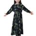 YWDJ 4-17 Years Girl Dresses Muslim Long Dress Middle Big Long Sleeve Round Neck Lace Print Dress Navy 15-16 Years