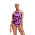 Speedo Women's HyperBoom Allover Medalist Swimsuit, True Navy / Berry / Miami Lilac, 38