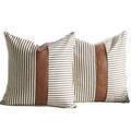 Decoration Pillow Covers 18x18 inch Set of 2 Modern Faux Leather and Ticking Stripe Pillow Covers Boho Indoor Outdoor Decor Cushion Covers for Couch Sofa