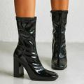 WQJNWEQ Clearance Women s Patent Leather Side Zipper Square Toe Block Heel High Heel Stretch Boots