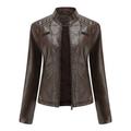 Women s Slim Leather Stand Collar Zip Motorcycle Suit Belt Coat Jacket Tops Plus Size Fall Winter Jackets for Women Coat